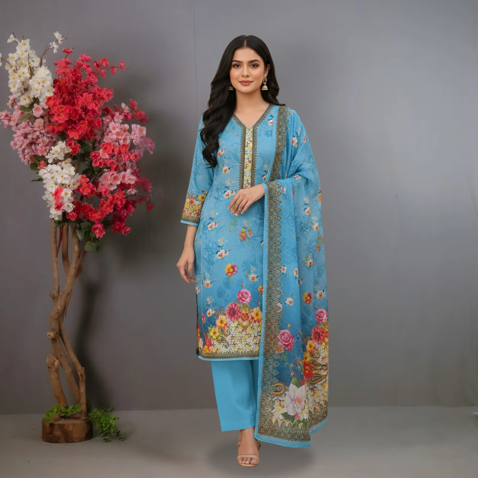 Sky Blue Printed Unstitched Silk Salwar Kameez