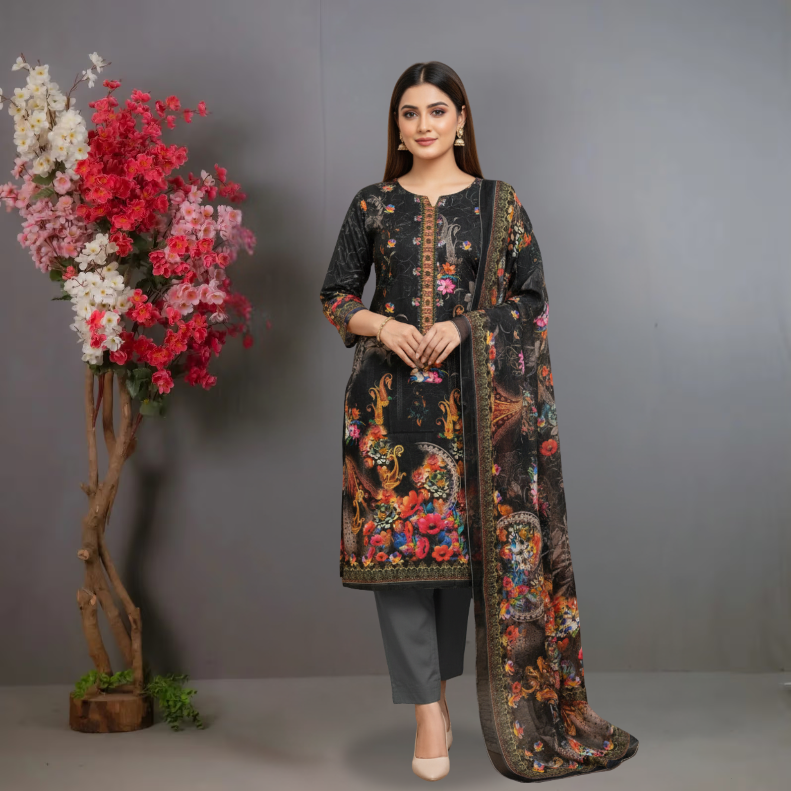 Black Printed Unstitched Silk Salwar Kameez