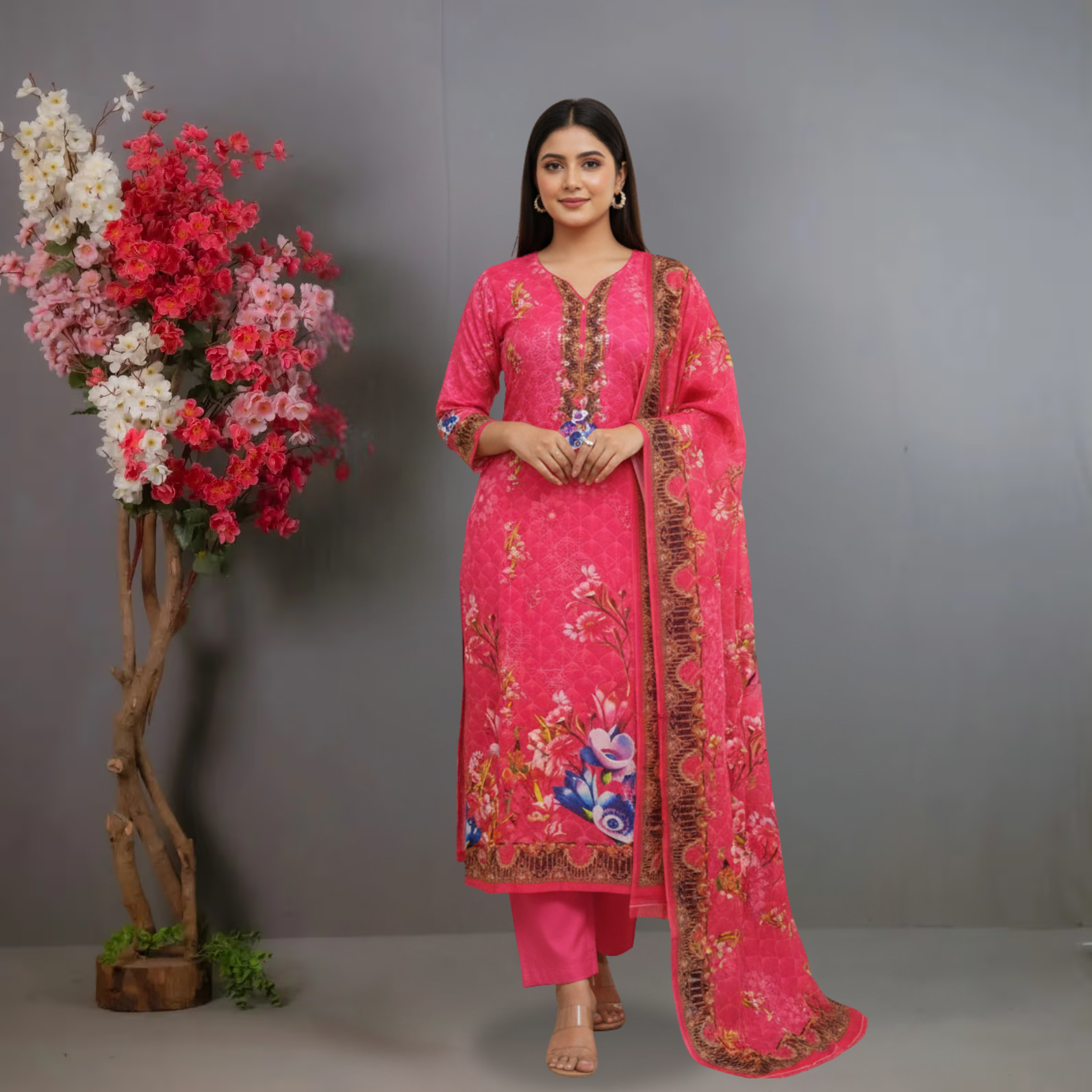 Hot Pink Unstitched Printed Silk Salwar Kameez