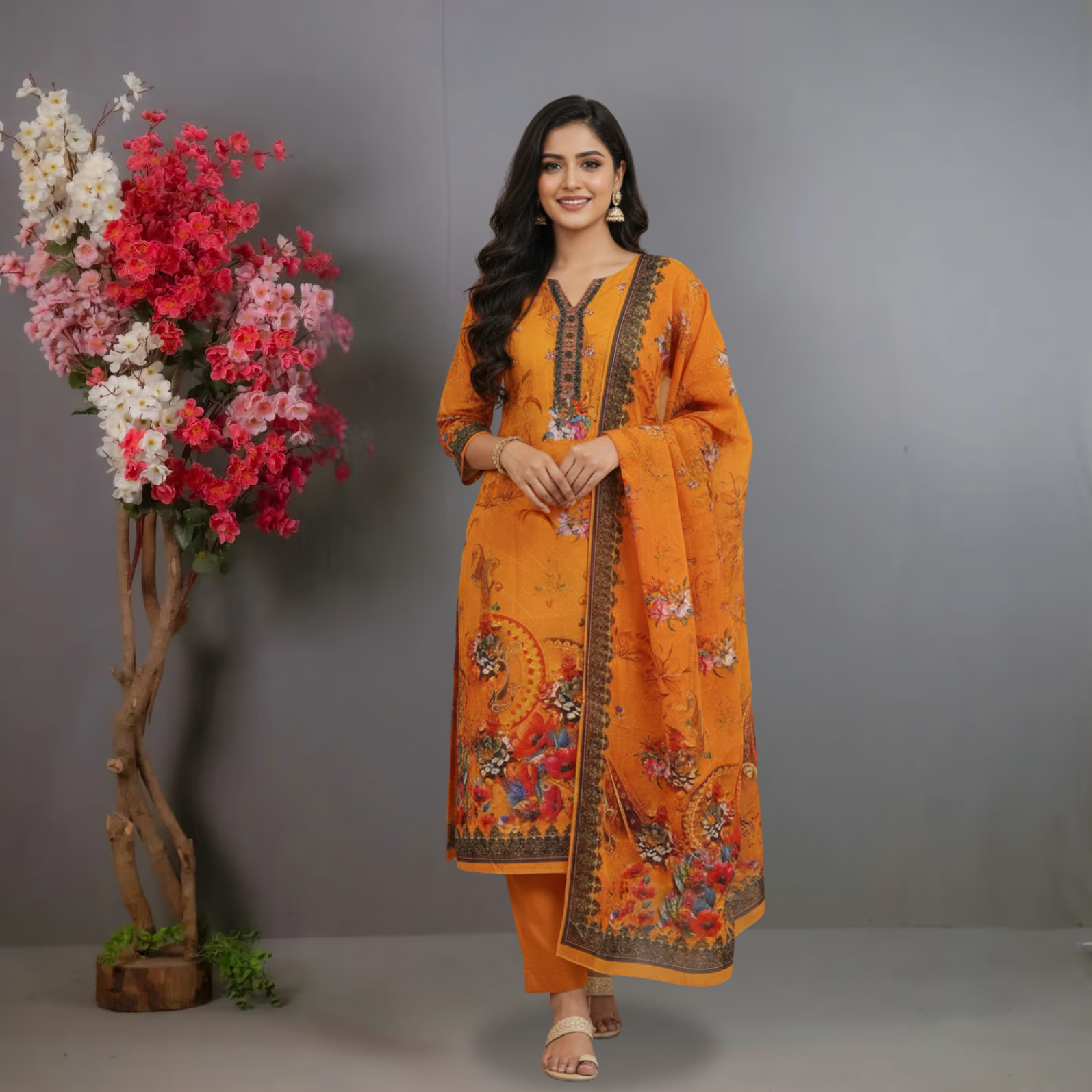 Mustard Yellow Printed Unstitched Silk Salwar Kameez